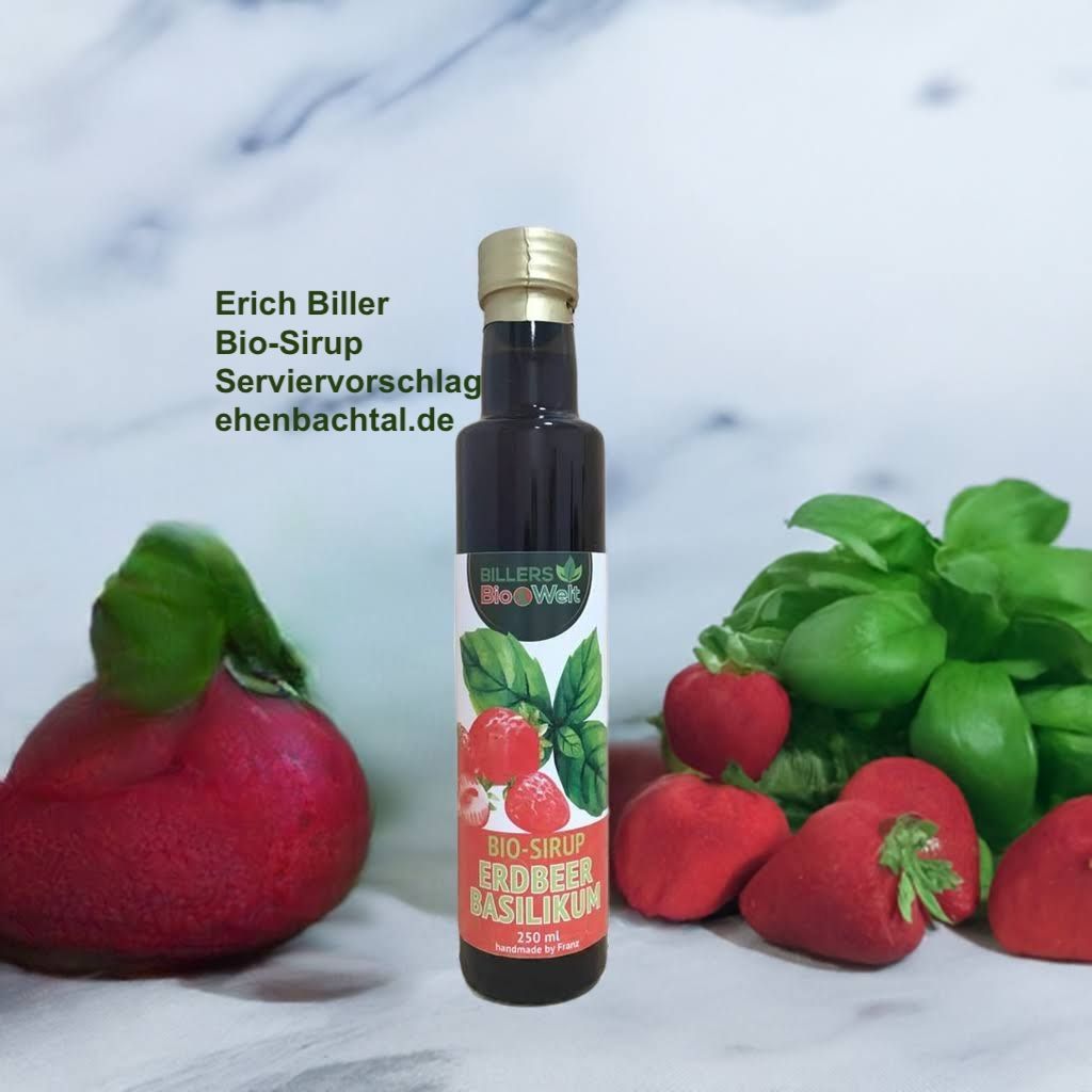 Eine Auswahl von unseren Erich Biller Bio Sirup in Flaschen Erdbeer Basilikum