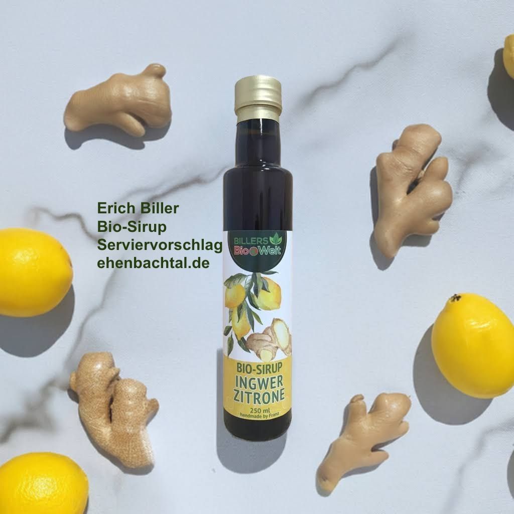 Eine Auswahl von unseren  Erich Biller  Bio Sirup in Flaschen Ingwer - Zitrone