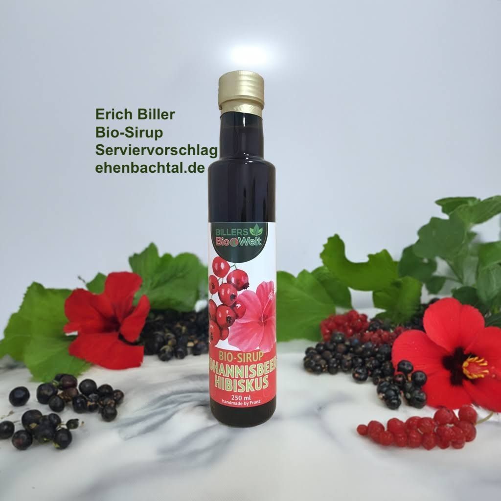 Eine Auswahl von unseren  Erich Biller  Bio Sirup in Flaschen Johannisbeer-Hibiskus