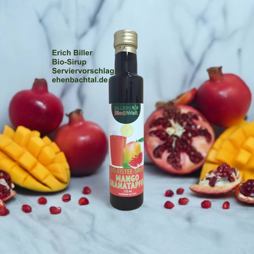 Eine Auswahl von unseren Erich Biller Bio Sirup in Flaschen Mango Granatapfel