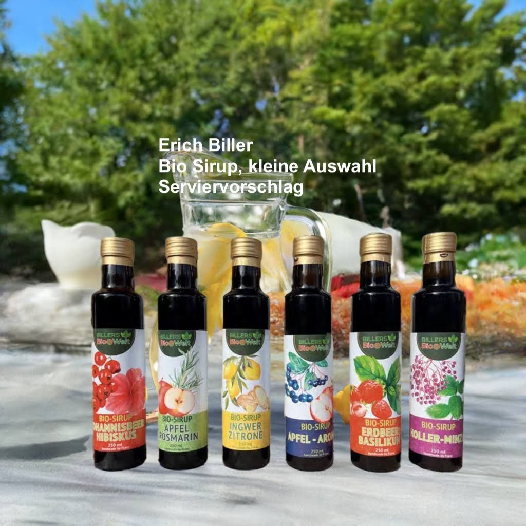 Eine Auswahl von unseren  Erich Biller  Bio Sirup in Flaschen Holler - Minze