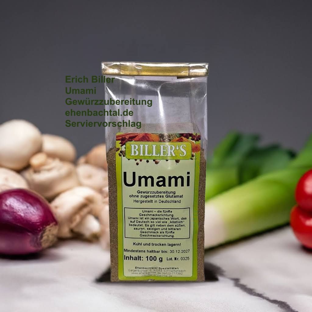 Erich Biller, Ehenbachtal.de, Gewürzzubereitung Umami 120g Dose Erich Biller, Ehenbachtal.de, Umami, Verüackung 100g, Gemüsereform, Gemüsebrühe, 200g, Dose, Bio, Dipp, Sirup, Gewürzmischung, Pfannenbrot, Pfannkuchen, Muffin,