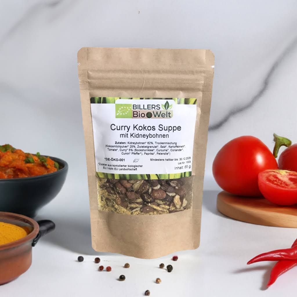 Verpackung Erich Biller Veggy Time Curry Kokos Suppe mit Kidneybohnen