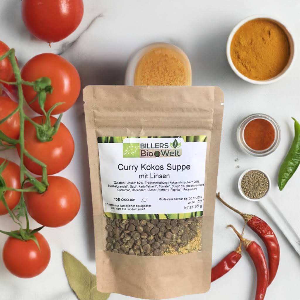 Erich Biller, Ehenbachtal.de, Bio Veggy Time, Curry Kokos Suppe, Linsen, Fertiggericht, Bio Erich Biller, Ehenbachtal.de, Bio Veggy Time, Curry Kokos Suppe, Linsen, Fertiggericht, Bio, Dipp, Sirup, Gemüsereform, Pfannenbrot, Pfannkuchen, Muffin, Gewürzmischung, BB Cup, Pasta Avanti, Curry,