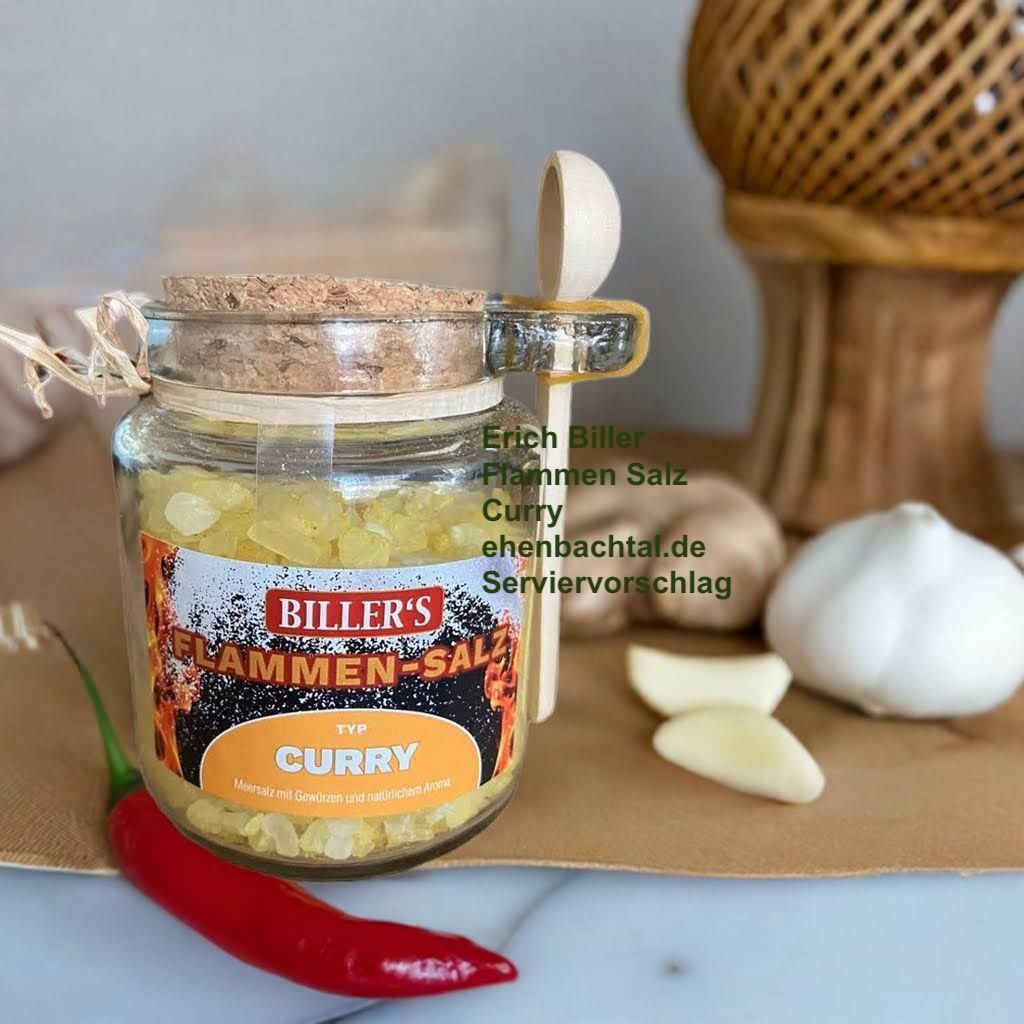 Erich Biller, Ehenbachtal.de, Flammen Salz Curry, Glas 250 g Erich Biller, Ehenbachtal.de, Gemüsereform, Gemüsebrühe, 200g,  Dose, Bio, Dipp, Sirup, Gewürzmischung,  Pfannenbrot, Pfannkuchen, Muffin, Gewürzmischung, BB Cup, Pasta Avanti, Curry,