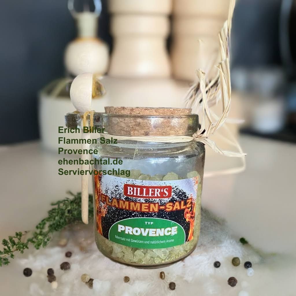 Erich Biller, Ehenbachtal.de, Flammen Salz Provence 250g Glas Erich Biller, Ehenbachtal.de, Gemüsereform, Gemüsebrühe, 200g,  Dose, Bio, Dipp, Sirup, Gewürzmischung,  Pfannenbrot, Pfannkuchen, Muffin, Gewürzmischung, BB Cup, Pasta Avanti, Curry,