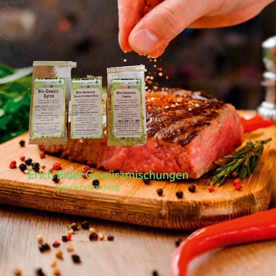 Erich Biller Bio Gewürzmischungen Serviervorschlag Auswahl,  Steakwürzer