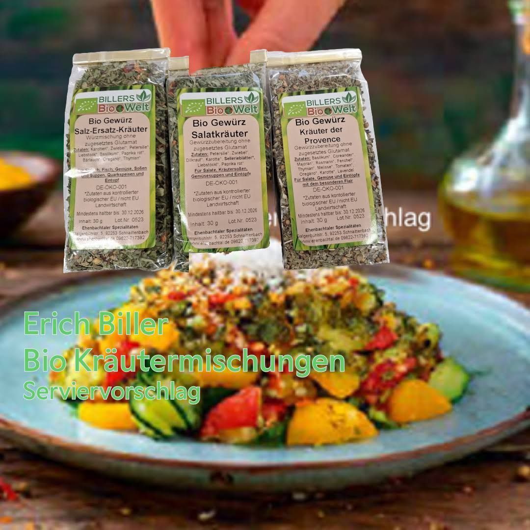 Erich Biller Bio Kräutermischungen Gewürzmischungen Serviervorschlag Auswahl, Griechische Kräuter