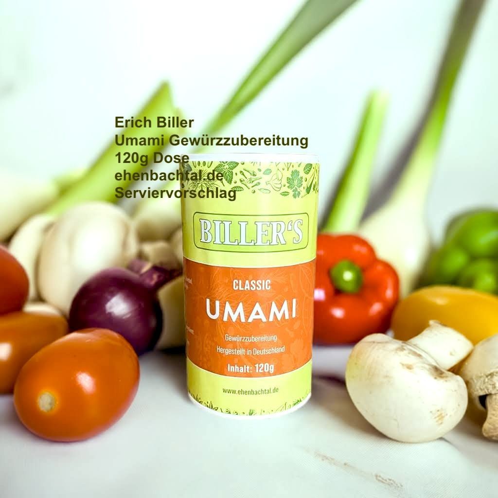 Erich Biller, Ehenbachtal.de, Gewürzzubereitung Umami 120g Dose Erich Biller, Ehenbachtal.de, Gemüsereform, Gemüsebrühe, 200g, Dose, Bio, Dipp, Sirup, Gewürzmischung, Pfannenbrot, Pfannkuchen, Muffin, Gewürzmischung, BB Cup, Pasta Avanti, Curry,