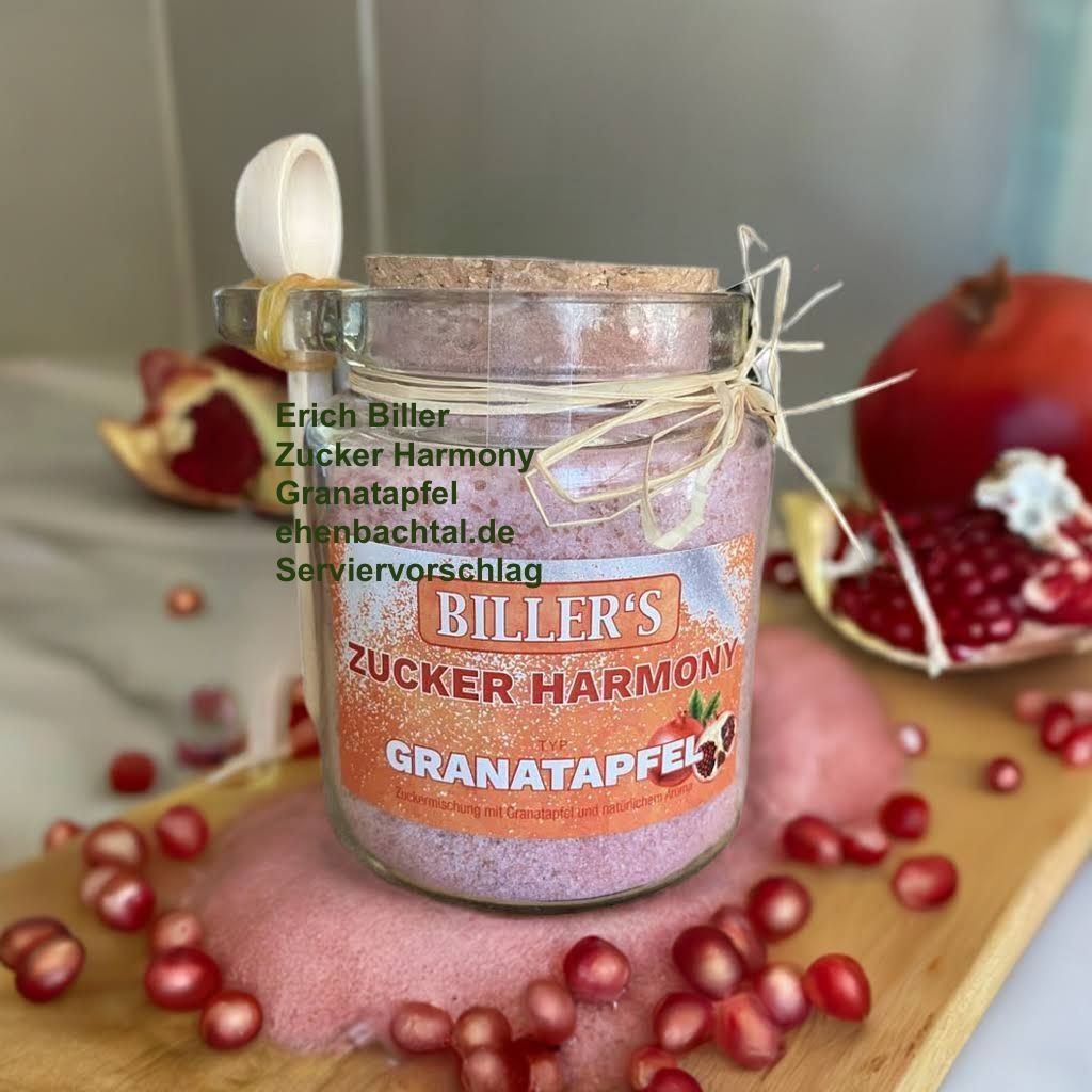 Erich Biller Zucker Harmony Granatapfel 220g Glas Erich Biller, Ehenbachtal.de, Gemüsereform, Gemüsebrühe, 200g, Dose, Bio, Dipp, Sirup, Gewürzmischung, Pfannenbrot, Pfannkuchen, Muffin, Gewürzmischung, BB Cup, Pasta Avanti, Curry,