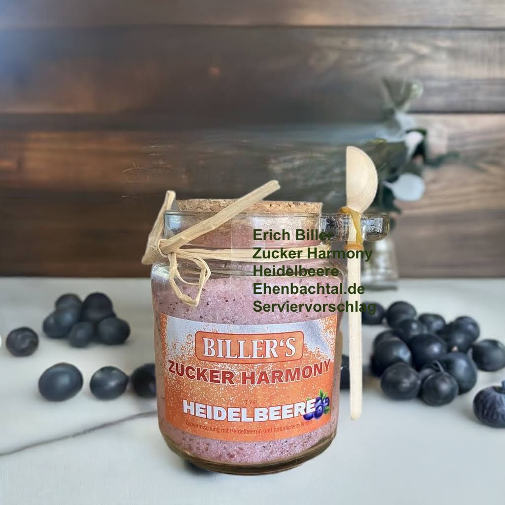 Erich Biller Zucker Harmony Heidelbeere 220g Glas Erich Biller, Ehenbachtal.de, Gemüsereform, Gemüsebrühe, 200g,  Dose, Bio, Dipp, Sirup, Gewürzmischung,  Pfannenbrot, Pfannkuchen, Muffin, Gewürzmischung, BB Cup, Pasta Avanti, Curry,