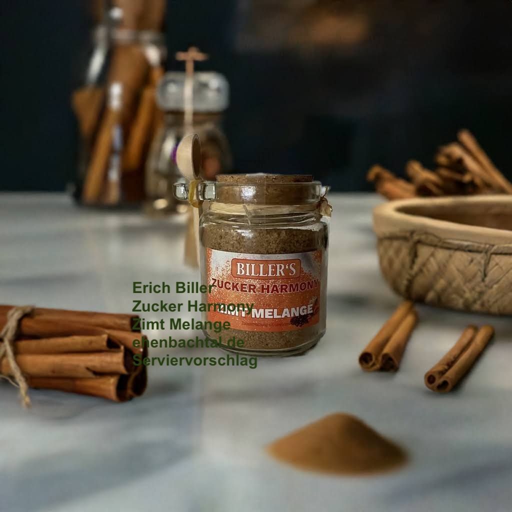 Erich Biller Zucker Harmony Zimt 220g Glas Erich Biller, Ehenbachtal.de, Gemüsereform, Gemüsebrühe, 200g,  Dose, Bio, Dipp, Sirup, Gewürzmischung,  Pfannenbrot, Pfannkuchen, Muffin, Gewürzmischung, BB Cup, Pasta Avanti, Curry,