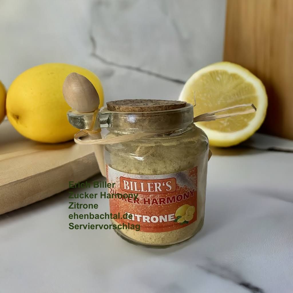 Erich Biller Zucker Harmony Zitrone 220g Glas Erich Biller, Ehenbachtal.de, Gemüsereform, Gemüsebrühe, 200g,  Dose, Bio, Dipp, Sirup, Gewürzmischung,  Pfannenbrot, Pfannkuchen, Muffin, Gewürzmischung, BB Cup, Pasta Avanti, Curry,