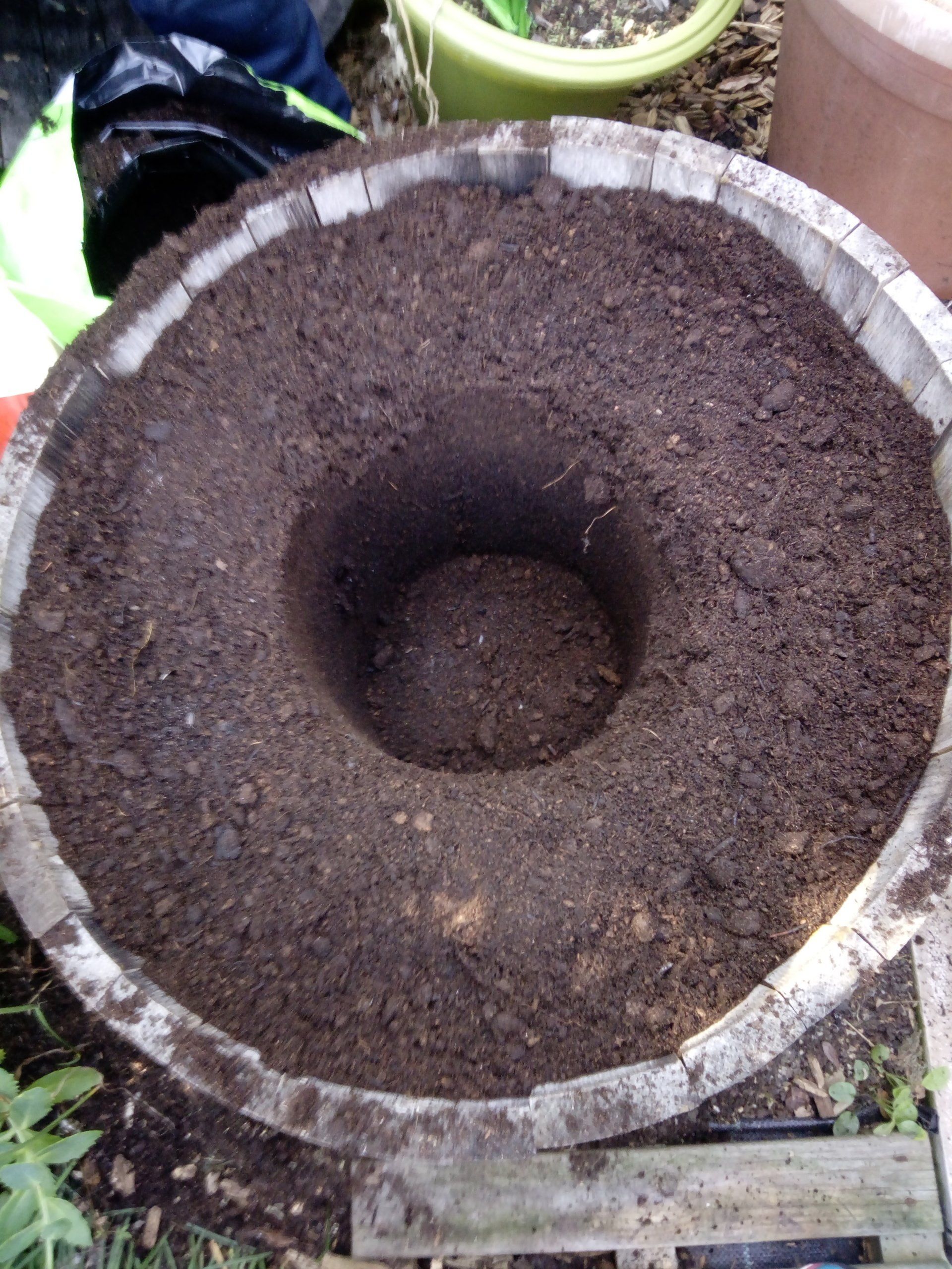 Wooden Barrel with compost ready for planting