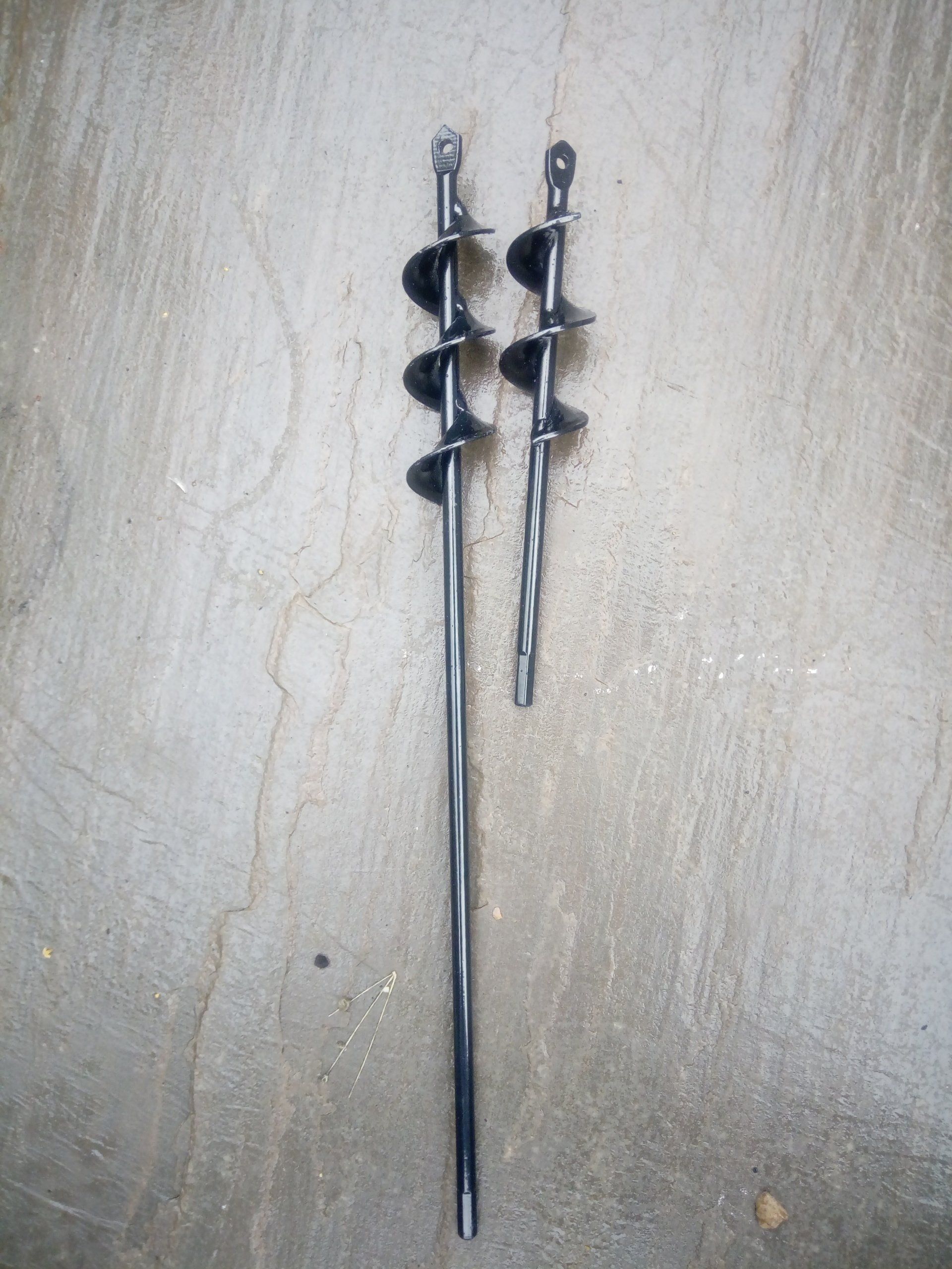 Two bulb augers, one short 22cm and one long 45cm