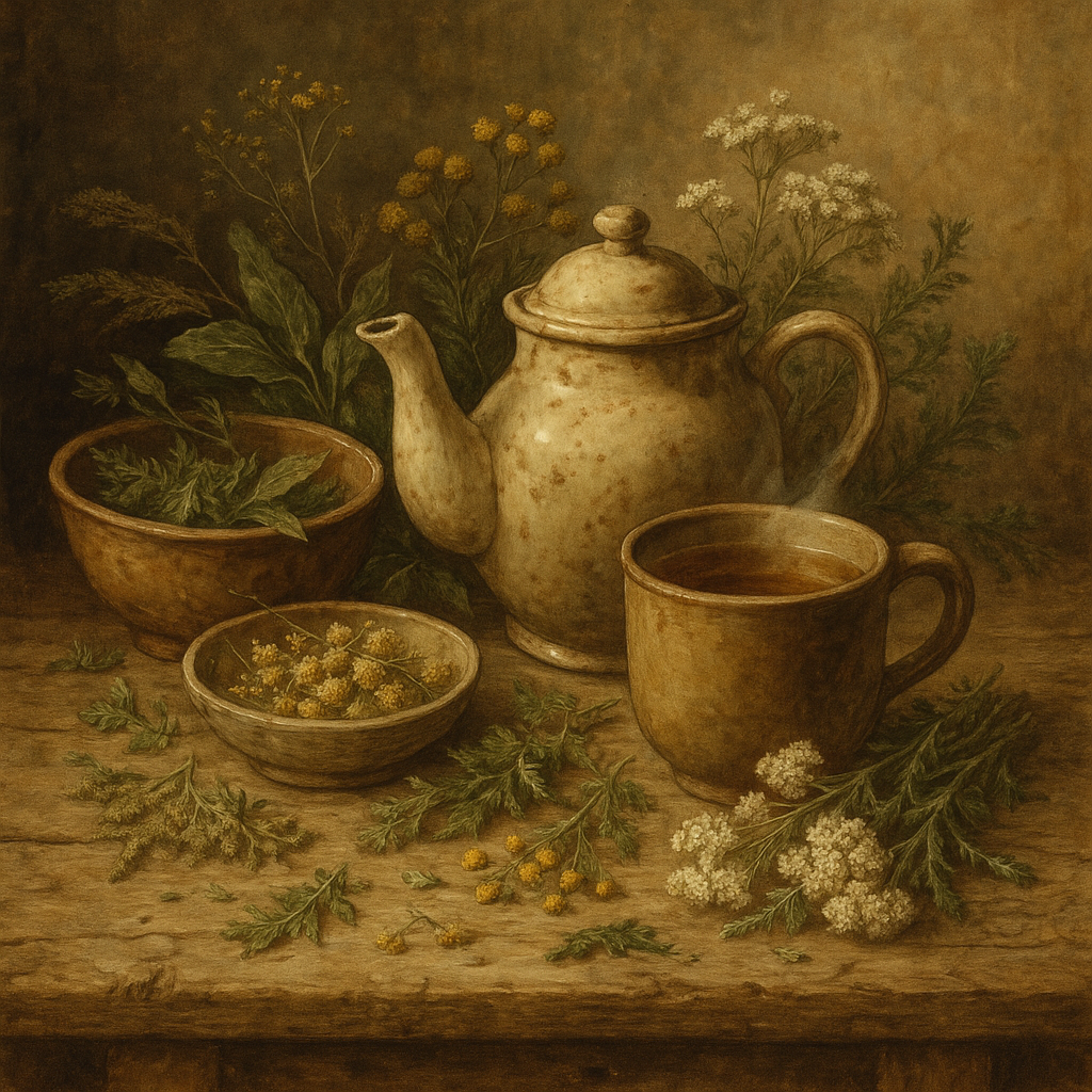 Alte Teekanne, Tasse mit dampfendem Tee und Wildkräuter für die Tee Zubereitung.