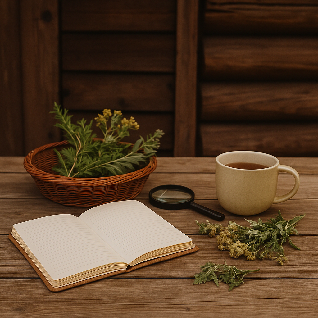 Schreibtisch mit Tee, Notizbuch und Kräutern – Sinnbild für unsere Arbeit