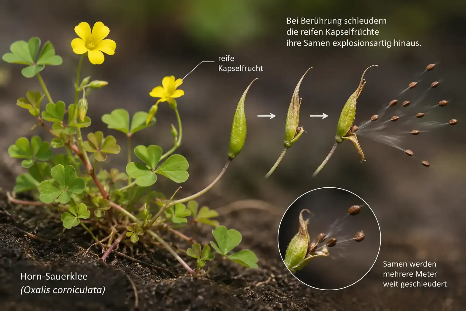 Horn-Sauerklee (Oxalis corniculata): Reife Kapselfrucht schleudert ihre Samen bei Berührung explosionsartig aus der Frucht.