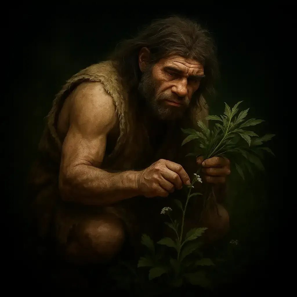 Neandertaler beim Wildkraeuter sammeln