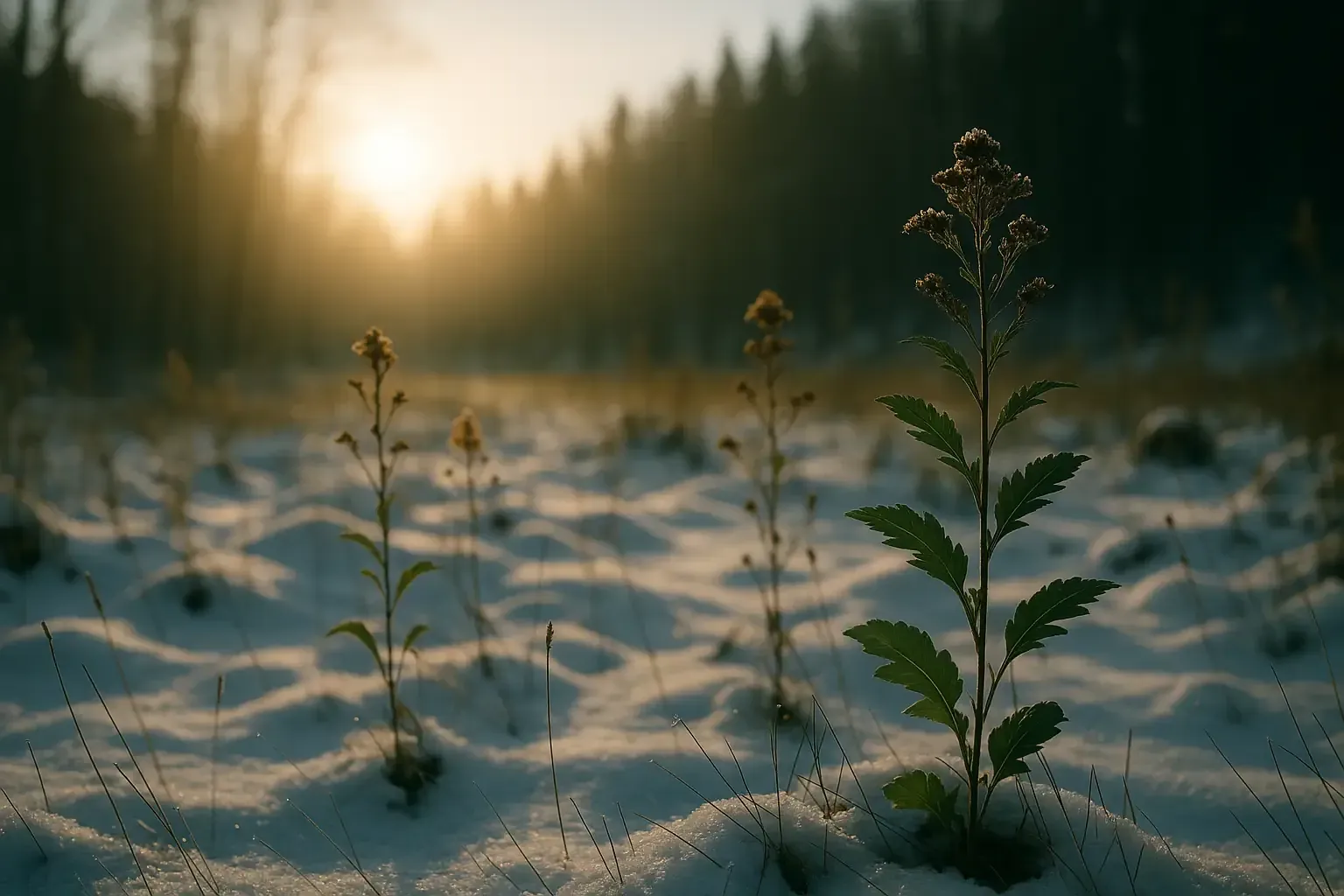 Wildkräuter - Schnee - Wald - Wintersonne