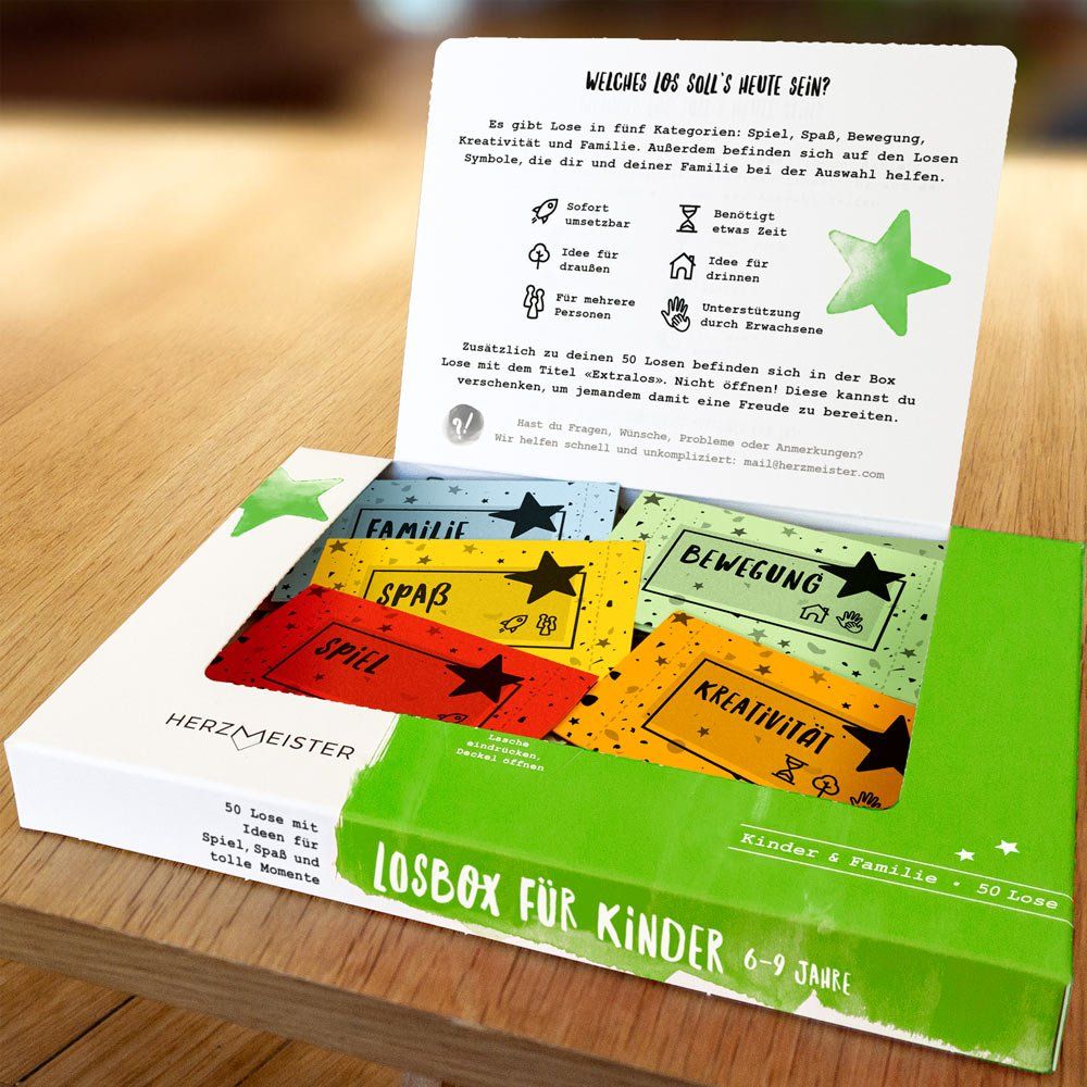 herzmeister losbox für kinder 6 7 8 9 10 11 jahre 50 lose geschenk mädchen jungen spiel spielzeug