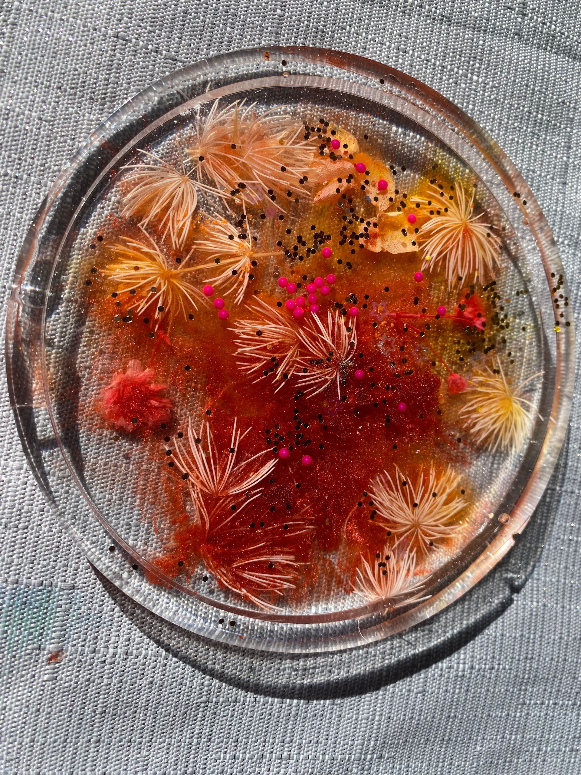 epoxy resin coaster in orange-pink with dried flowers
