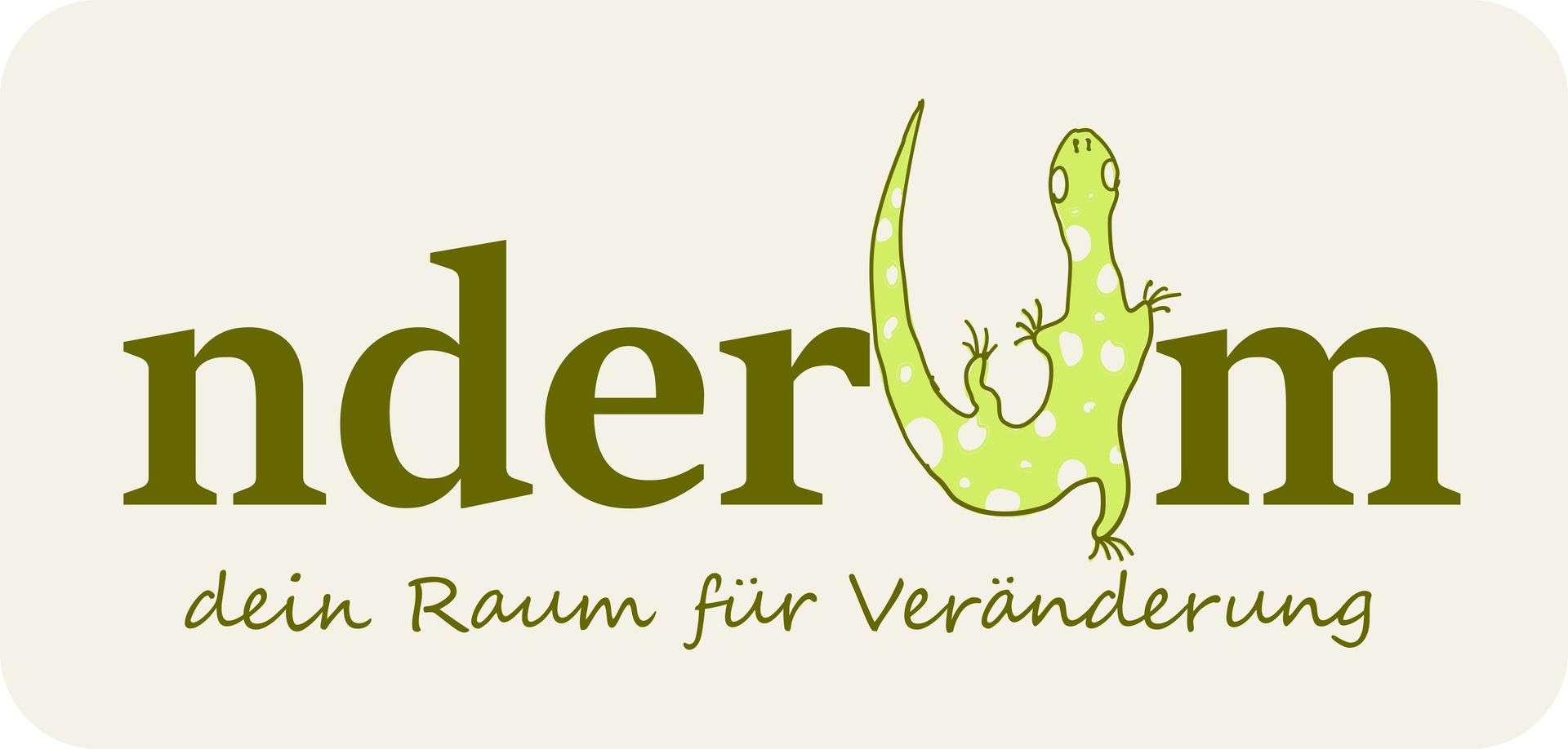 Logo Logo nderUm dein Raum für Veränderung. Grüne Schrift, handgezeichnete Echse als U.