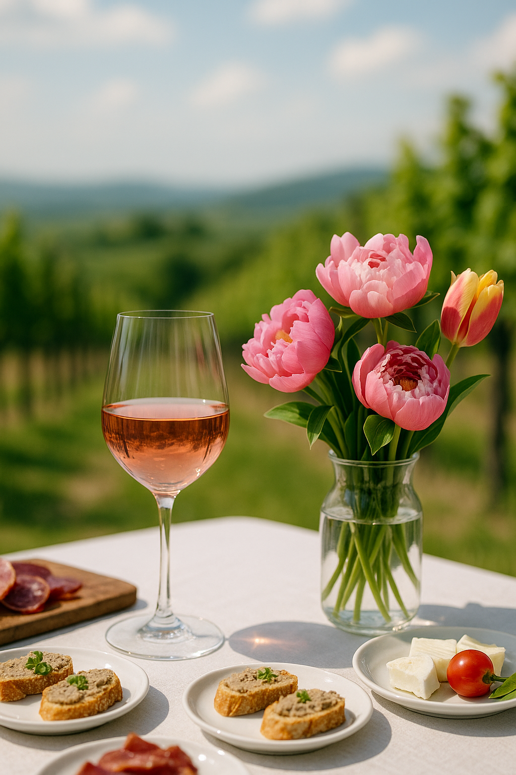 Ein Glas Rosé auf einem Tisch im Weinberg mit frischen Frühlingsblumen