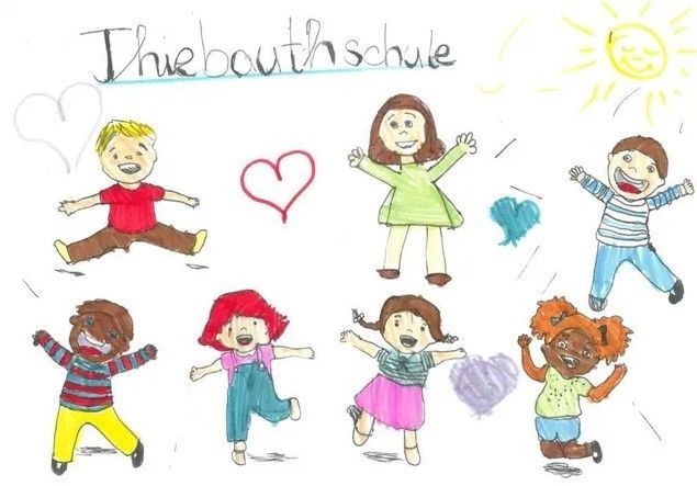 Kinderzeichnung mit fröhlichen Kindern, Herzen und Sonne