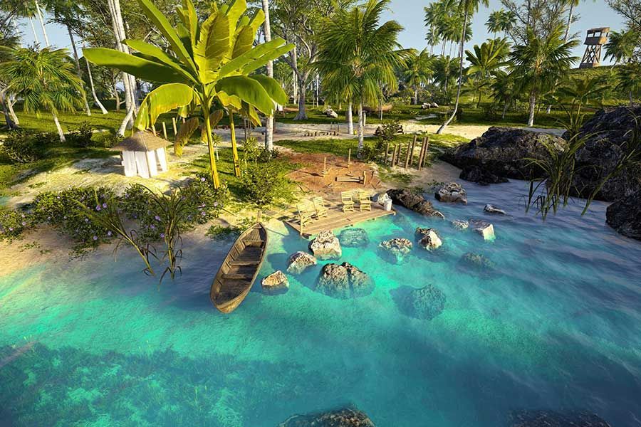 Digitally rendered tropical beach scene with a dock, boat and rocky lagoon