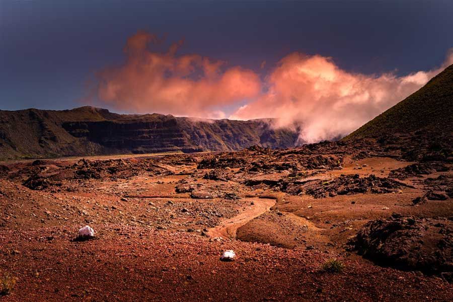 Dramatic volcanic landscape at Piton de la Fournaise on Réunion Island.