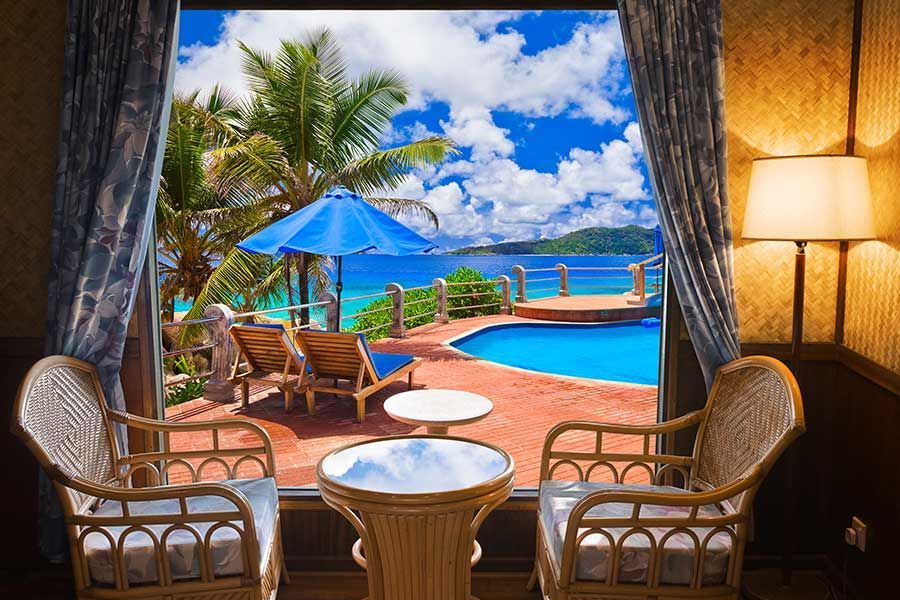 Ocean-view resort room with a private pool in the Seychelles. Ocean-view resort room with a private pool in the Seychelles.