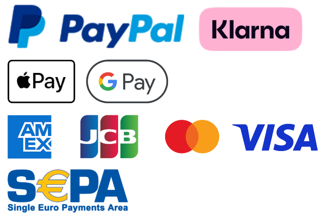 Darstellung der Zahlungsmethoden in Form von Logos für Logo PayPal, Logo Klarna, Logo Apple Pay, Logo Google Pay, Logo American Express, Logo JCB, Logo Mastercard, Logo Visa, Logo SEPA