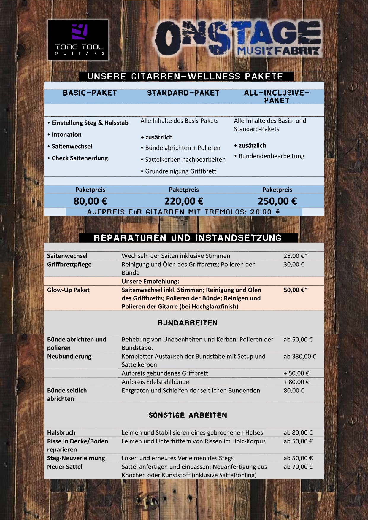 Preisliste Werkstatt 2025 Preisliste OnStage Customshop - Werkstattleistungen- und Preise