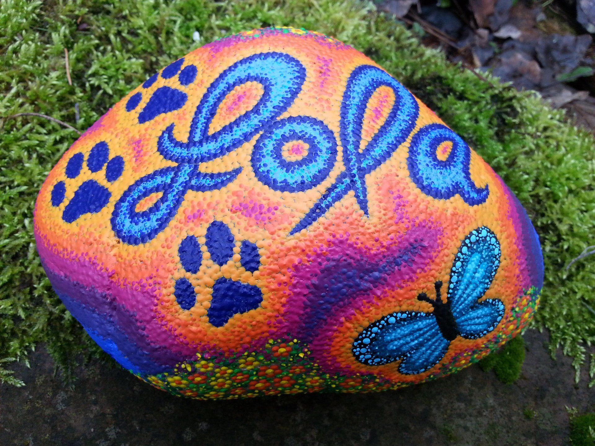 Regenbogenfarben, Pfotenabdücke mit Schriftzug Lola