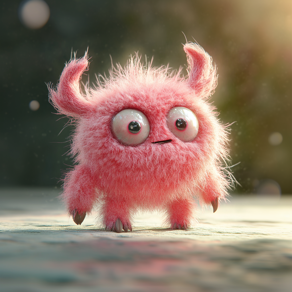 Ein kleines, süßes rosa Monster mit kuscheligem Fell, das verwirrt nach vorn starrt.
