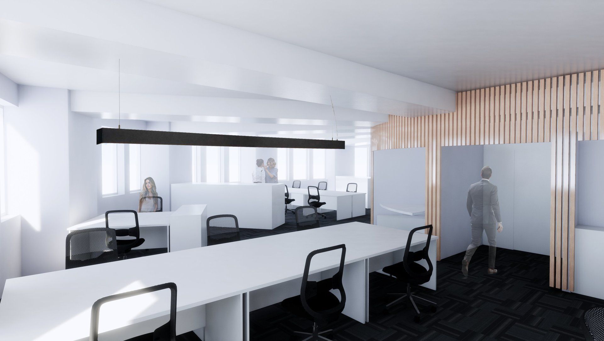 Animation of an office featuring desks, chairs, walls, ceiling