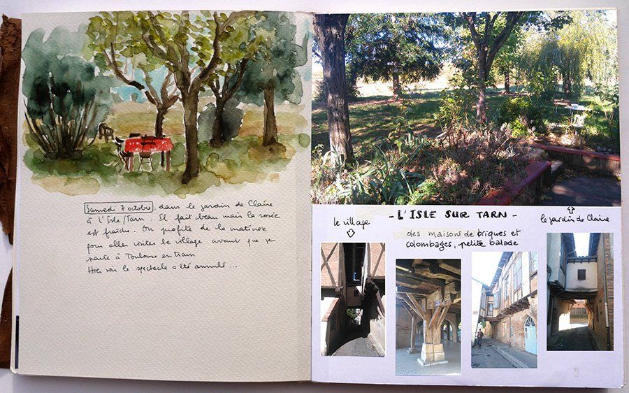 Carnet dessin aquarelle, photos – L’Isle-sur-Tarn – Petit matin dans le jardin de Claire et balade dans le village
