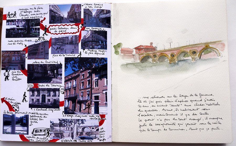 Carnet dessin crayon, aquarelle, feutre, photos – Toulouse – Balade nostalgique dans les rues de Toulouse (quartier du Pont neuf)