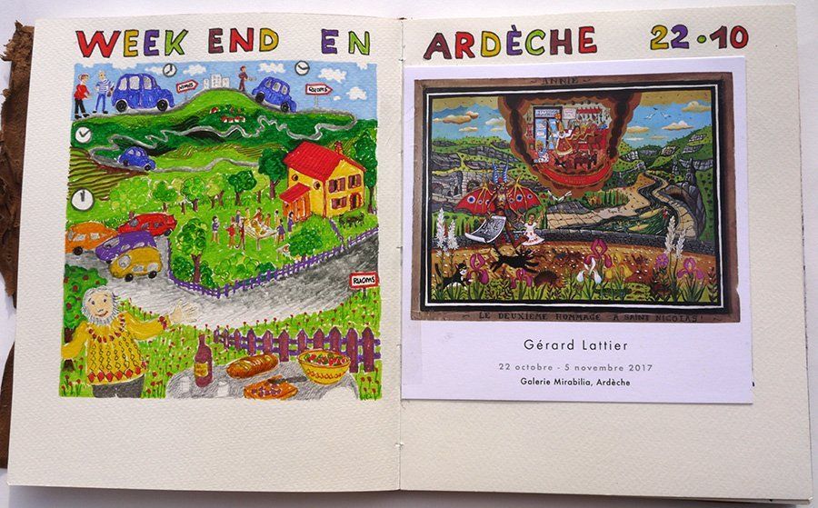 Carnet dessin, feutres, récup – Ruoms en Ardèche – Expo de Gérard Lattier – Avant le vernissage, BD : petit repas partagé dans le jardin de la maison familiale