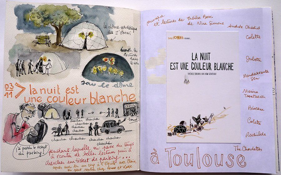 Carnet dessin, feutre micron, aquarelle, récup – Toulouse – Spectacle des z’OMNIS