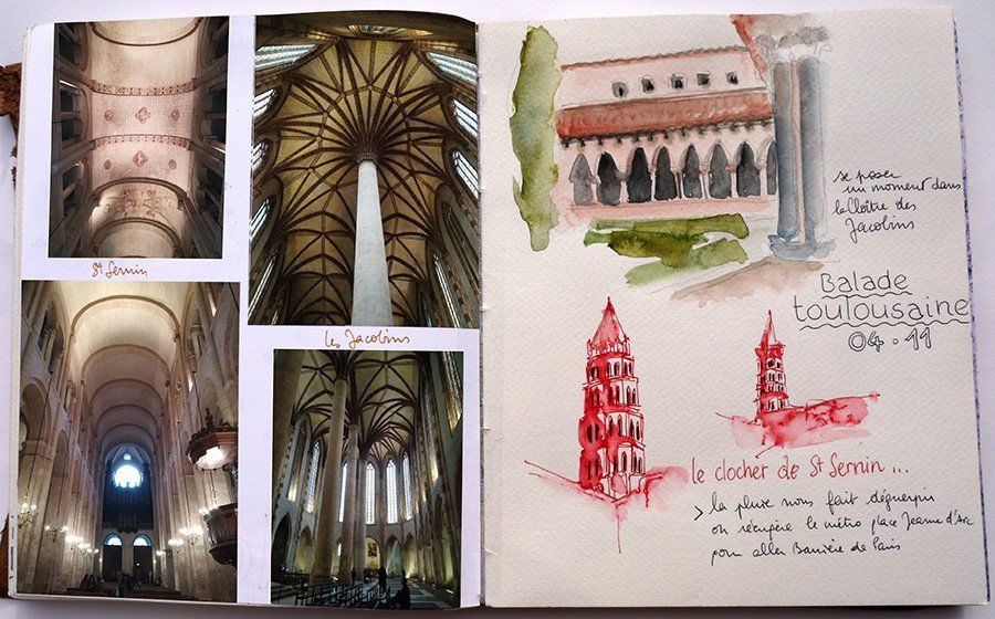 Carnet dessin crayon, feutre, aquarelle, photos – Toulouse – Balade toulousaine, revoir la Basilique Saint Sernin et l’église des Jacobins