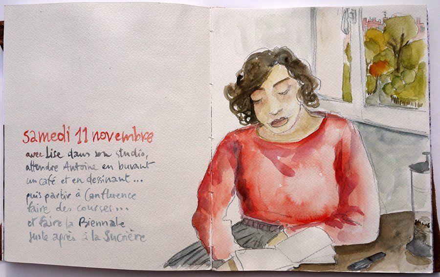 carnet dessin aquarelle portrait de Lise devant sa fenêtre