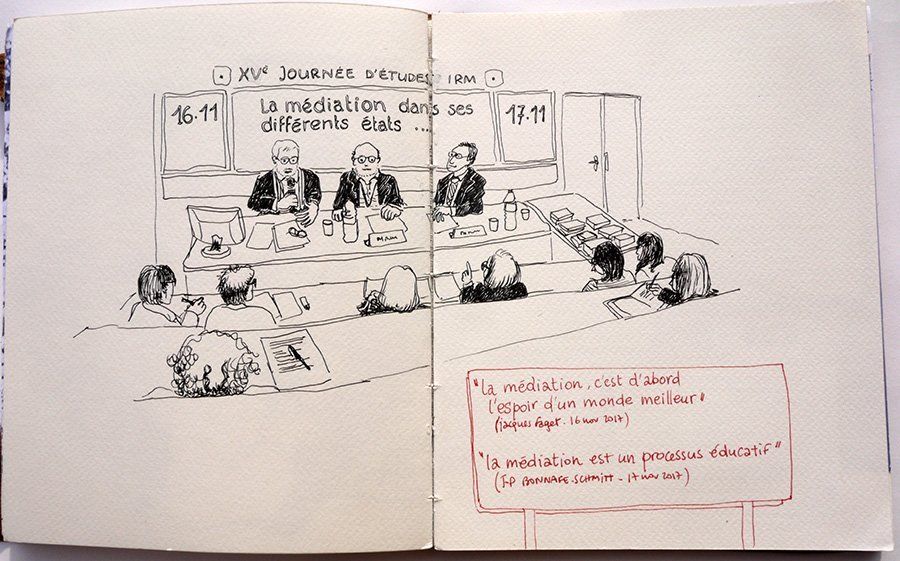 Carnet dessin feutre micron – Béziers – Journées d’études sur la médiation, des conférences