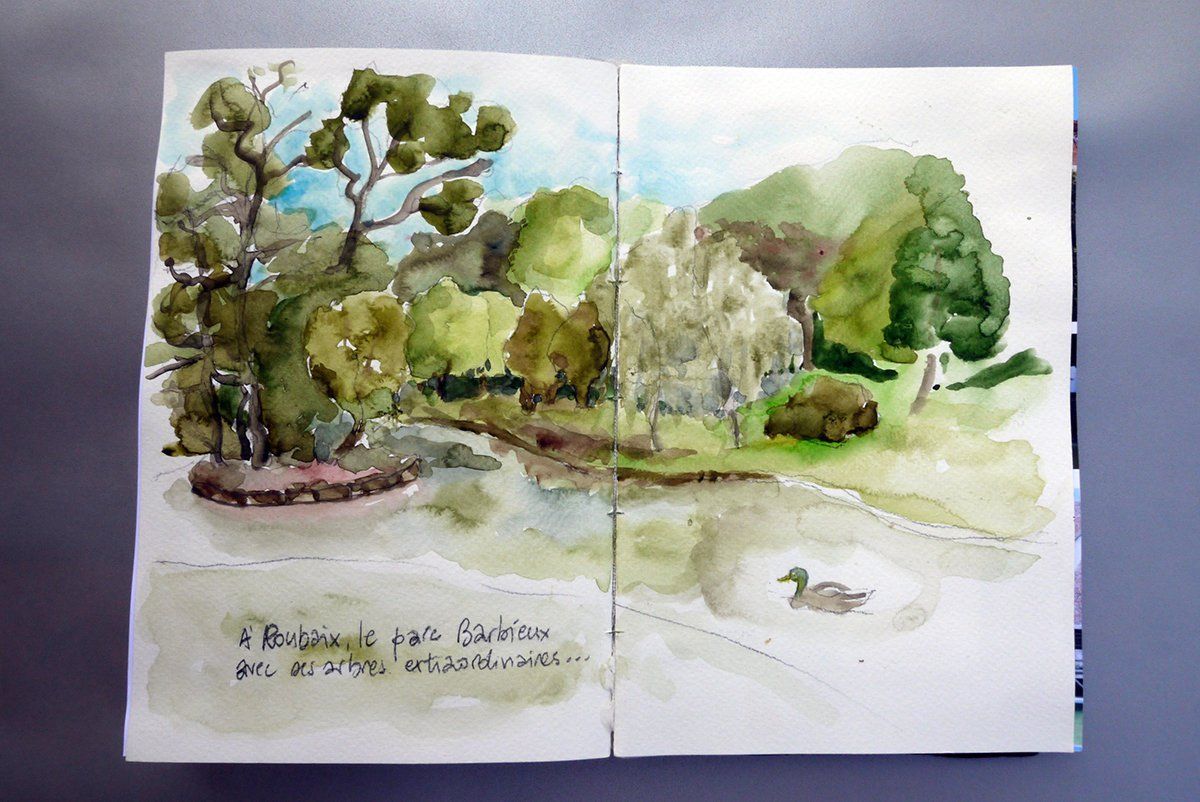 Roubaix Parc Barbieux arbres lac dessin aquarelle