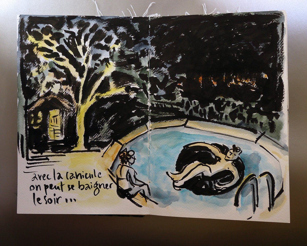 dessin feutre à l'encre de chine et aquarelle, la piscine dans la nuit
