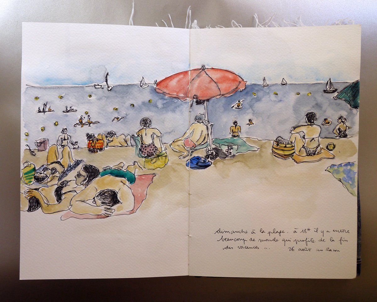 dessin feutre fin et aquarelle, les baigneurs sur la plage