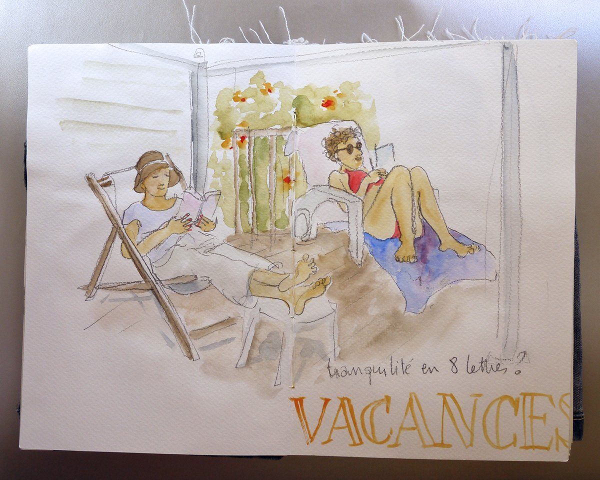 croquis crayon et aquarelle Steph et Manon allongées sur les chaises longues