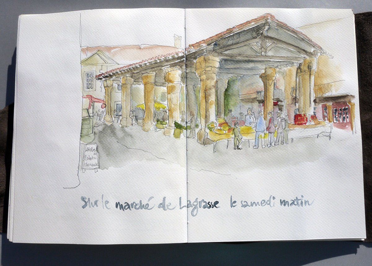 dessin aquarelle du marché de Lagrasse