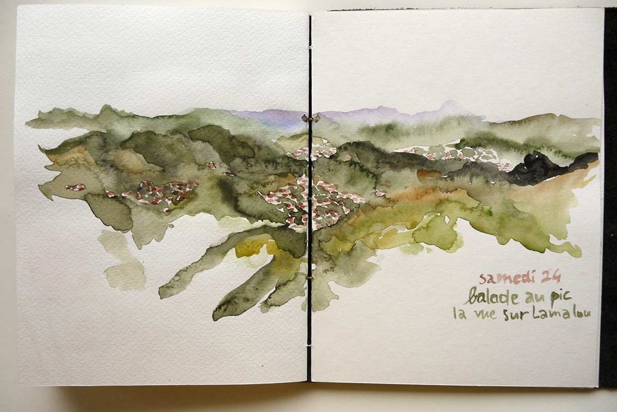 dessin aquarelle vue sur Lamalou Les Bains